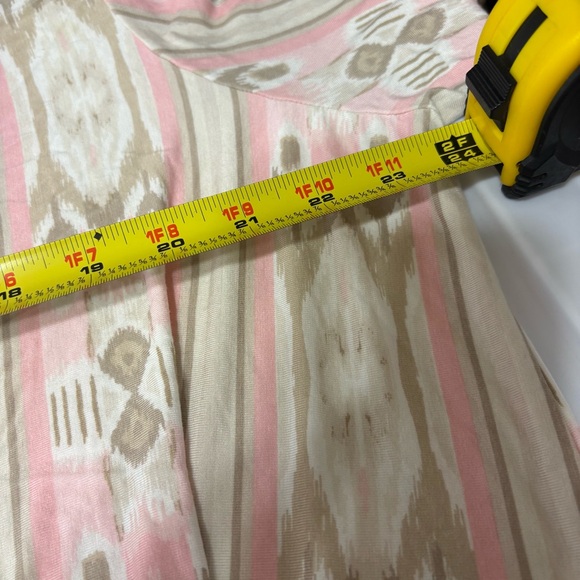 Ruby Rd. women's apparel tunic with a pink, beige, and gray ikat pattern. - Picture 6 of 8
